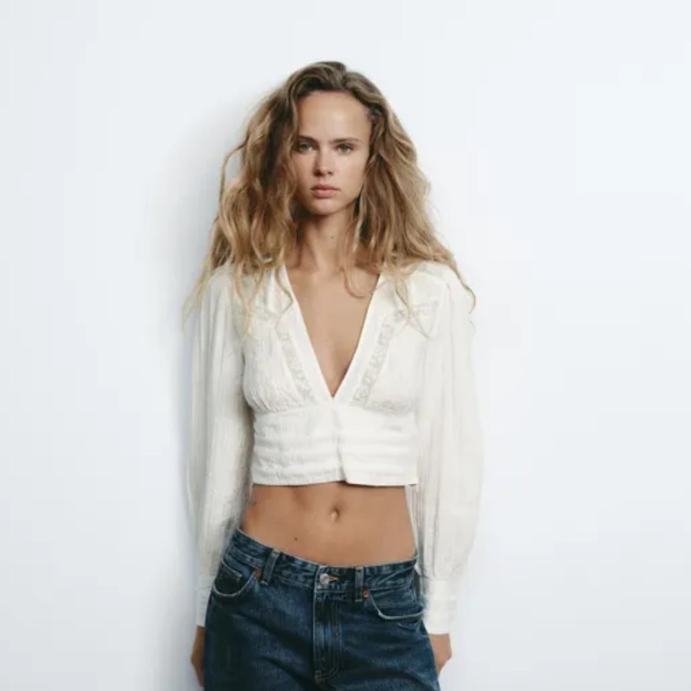 Zara NWT white lace romantic crop top long sleeve 0881/107